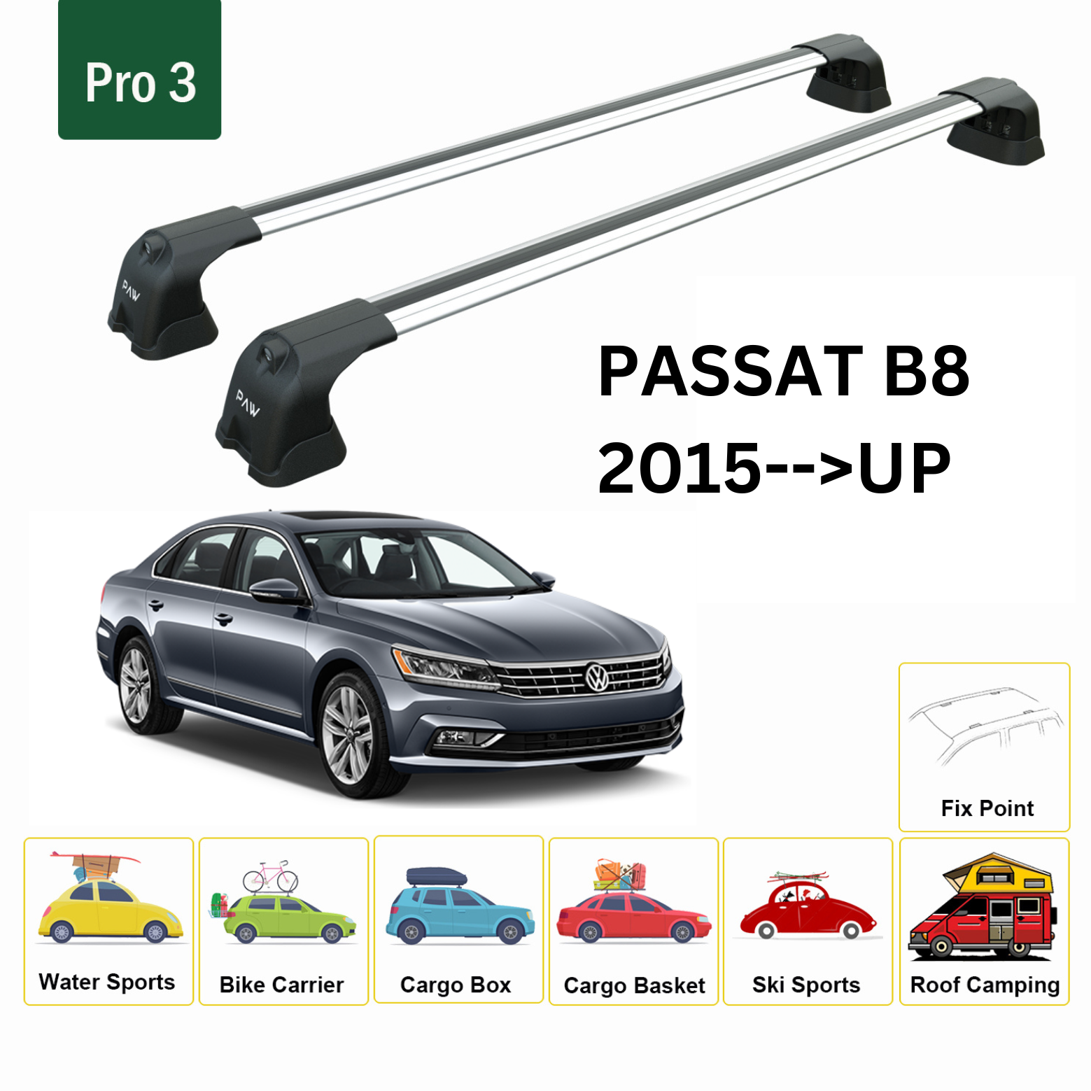 Für Volkswagen Passat B8 2015-Up Dachträger Querträger Metallhalterung Fixpunkt Alu Silber - 0