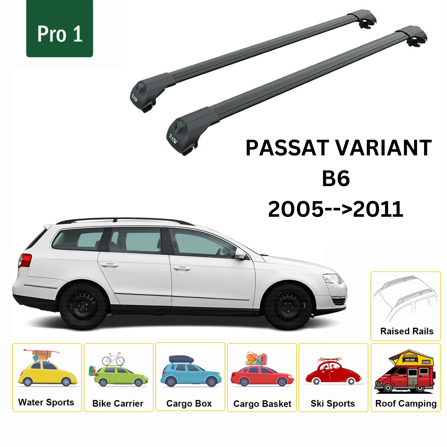 Für Volkswagen Passat Variant B6 2005–11 Dachträger, Querträger, Metallhalterung, erhöhte Schiene, Alu, Schwarz