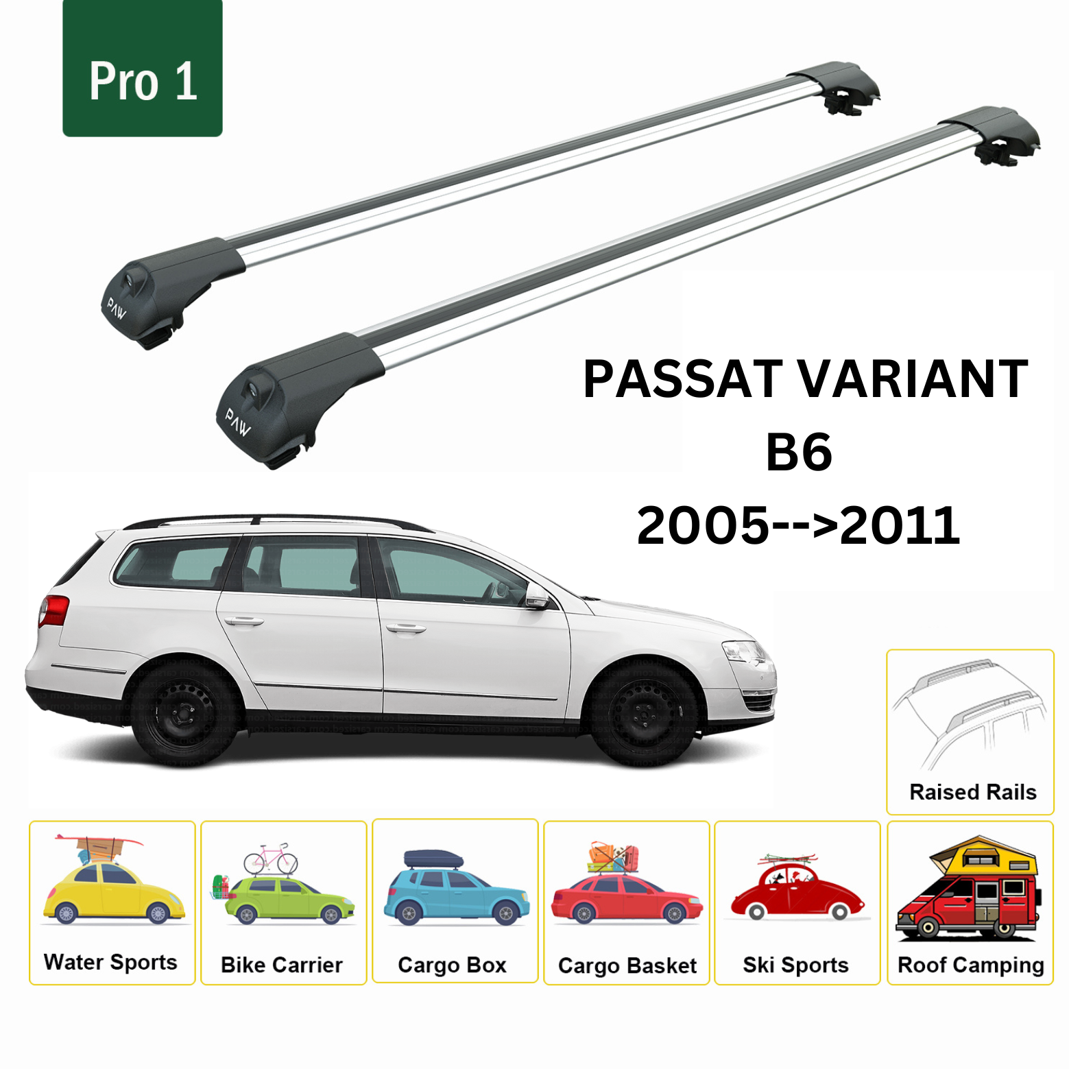 For Volkswagen Passat Variant B6 2005-11 Roof Rack Cross Bar Raised Rail Alu Silver - 0