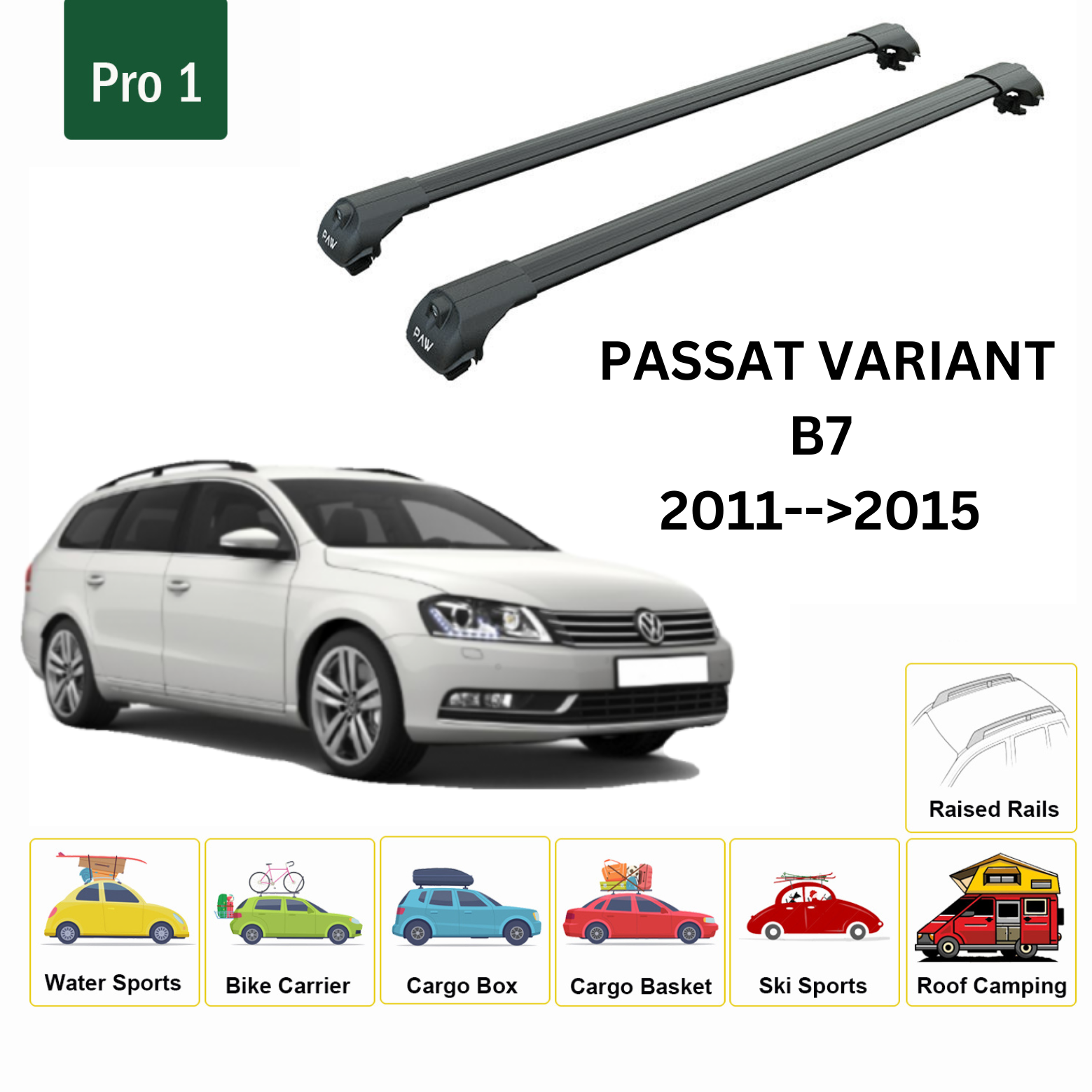 Für Volkswagen Passat Variant B7 2011–15 Dachträger, Querträger, Metallhalterung, erhöhte Schiene, Alu, Schwarz
