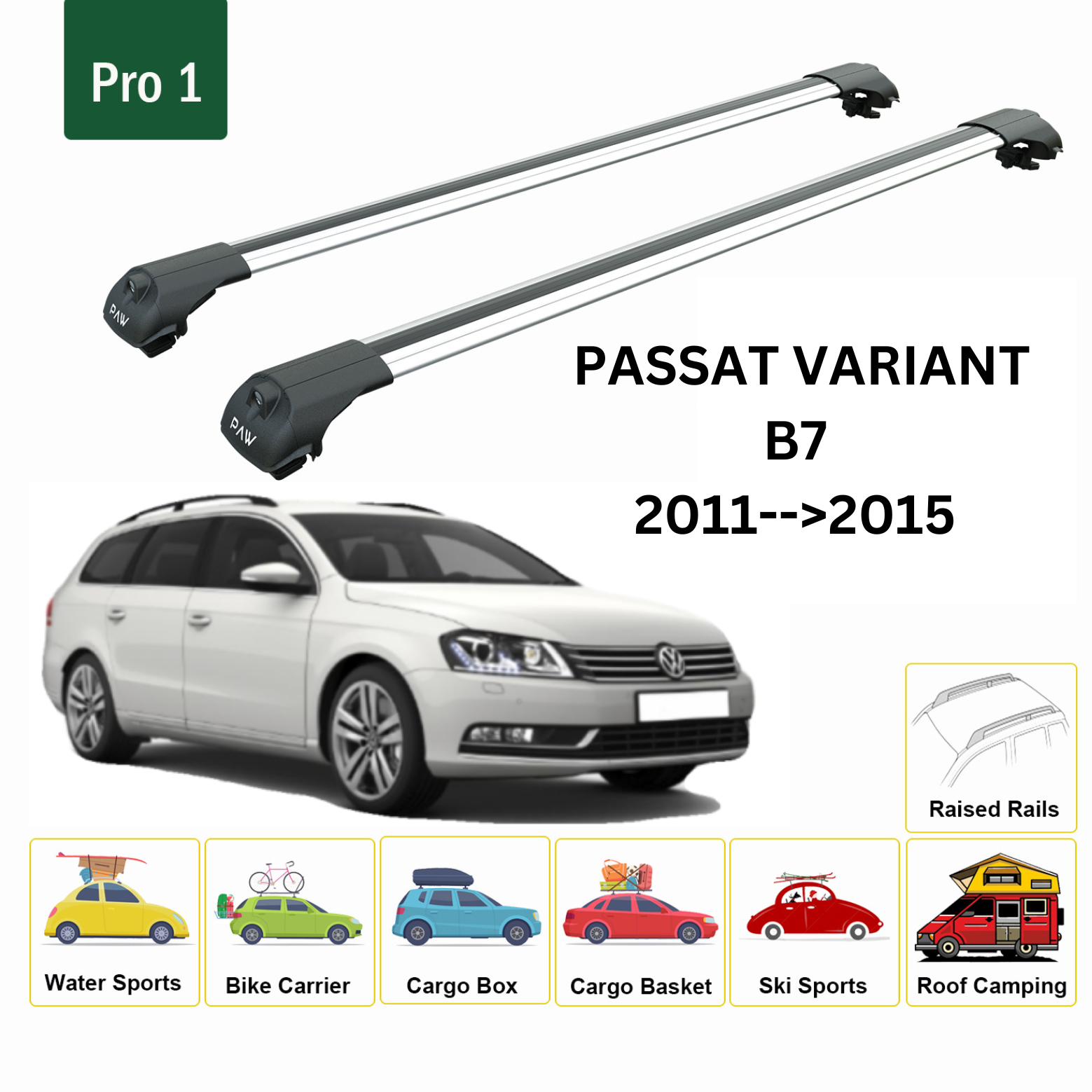 Für Volkswagen Passat Variant B7 2011–15 Dachträger, Querträger, Metallhalterung, erhöhte Schiene, Alu, Silber - 0