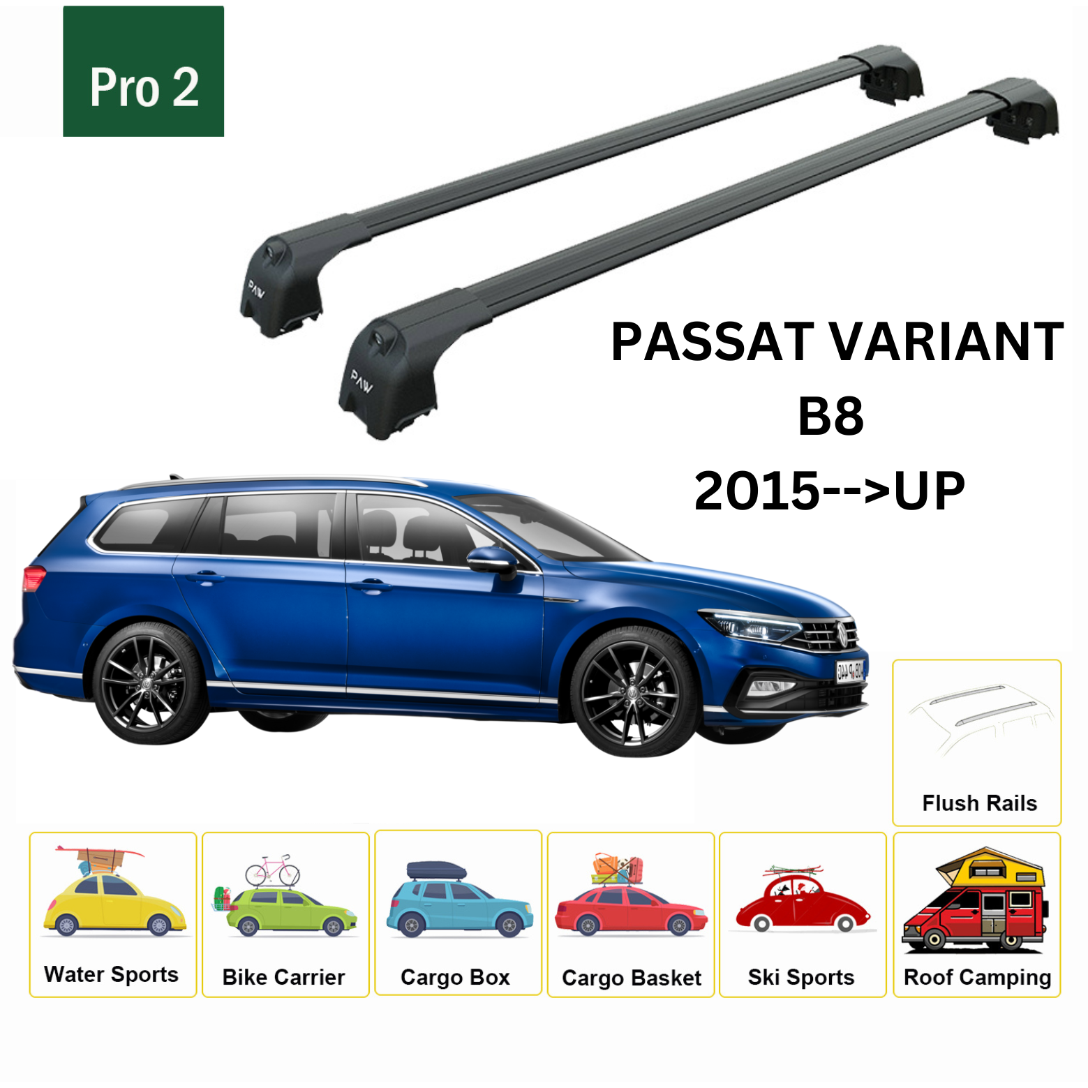 For Volkswagen Passat Variant B8 2015-Up Roof Rack Cross Bar Flush Rail Alu Black - 0