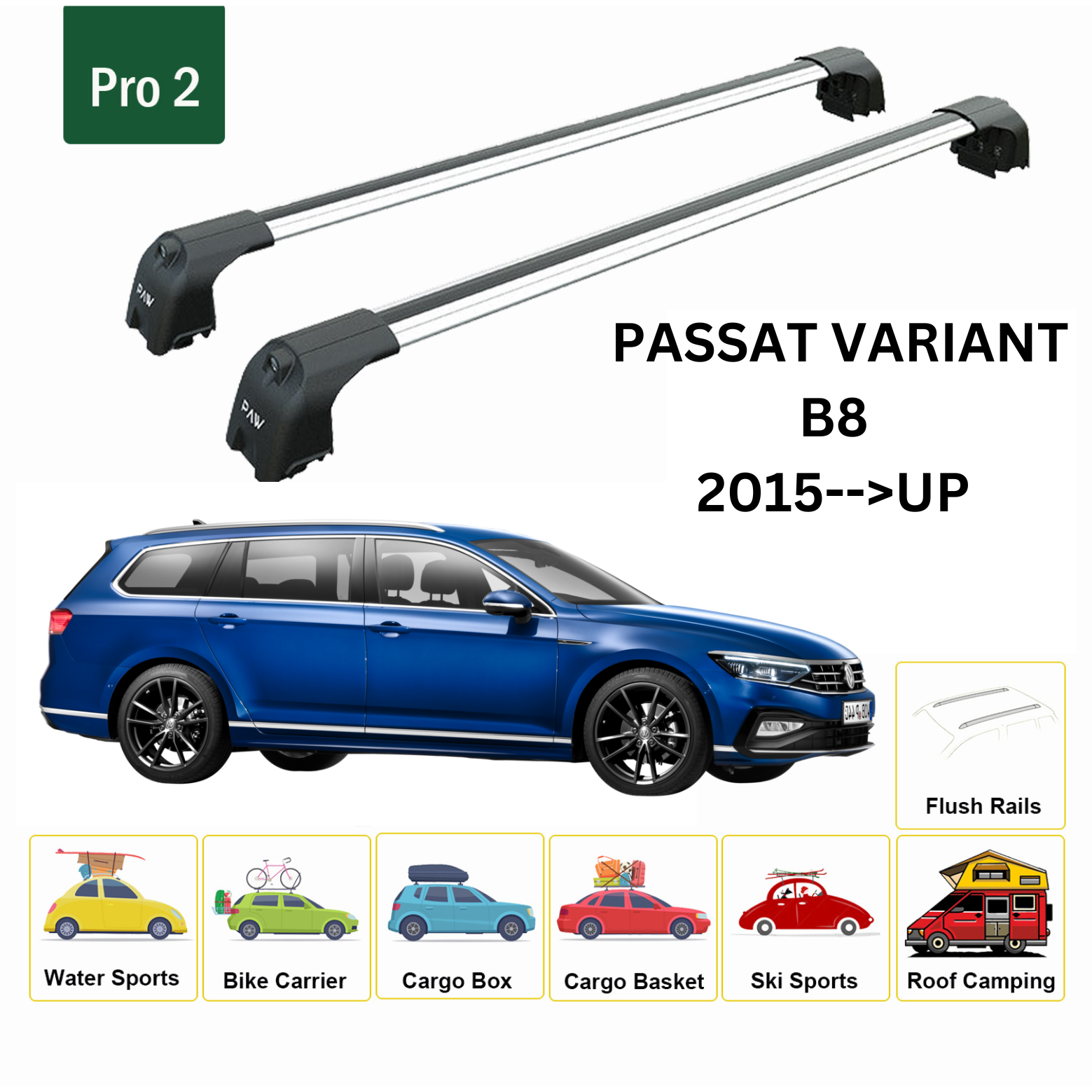For Volkswagen Passat Variant B8 2015-Up Roof Rack Cross Bar Flush Rail Alu Silver