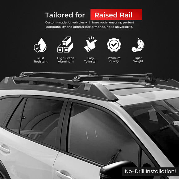 Vehicle-specific raised rail roof rack cross bars for BMW 5 Series Touring/Wagon E61 2004-2010 with lightweight aluminum construction and no-drill installation