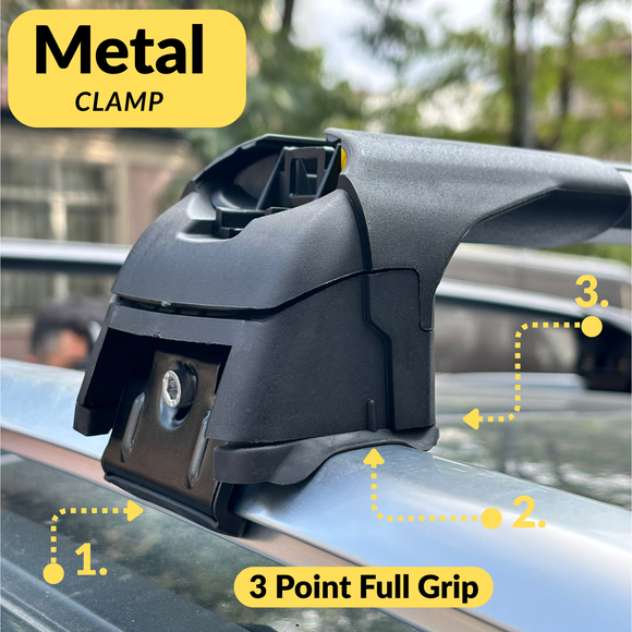 Metal clamp on a car roof with labeled features and 'Metal Clamp' text.