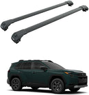 Two roof racks on a white background with a green SUV below.