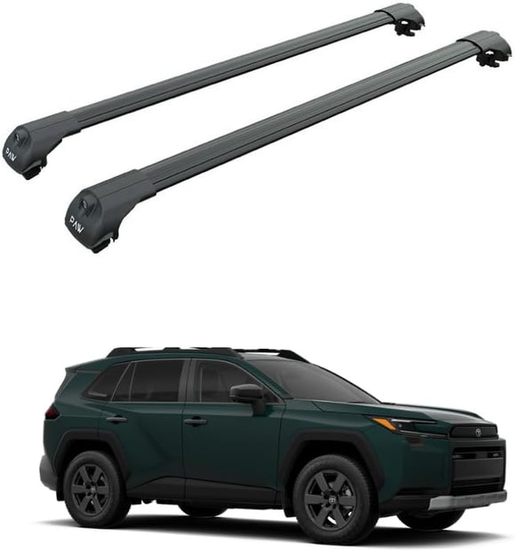 Two roof racks on a white background with a green SUV below.
