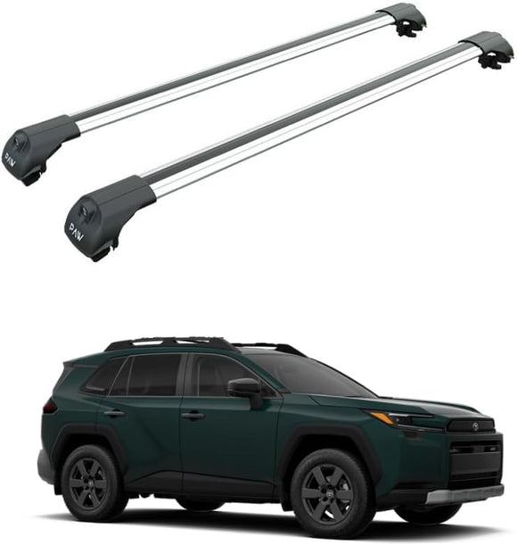 Two roof racks on a white background with a green SUV below.
