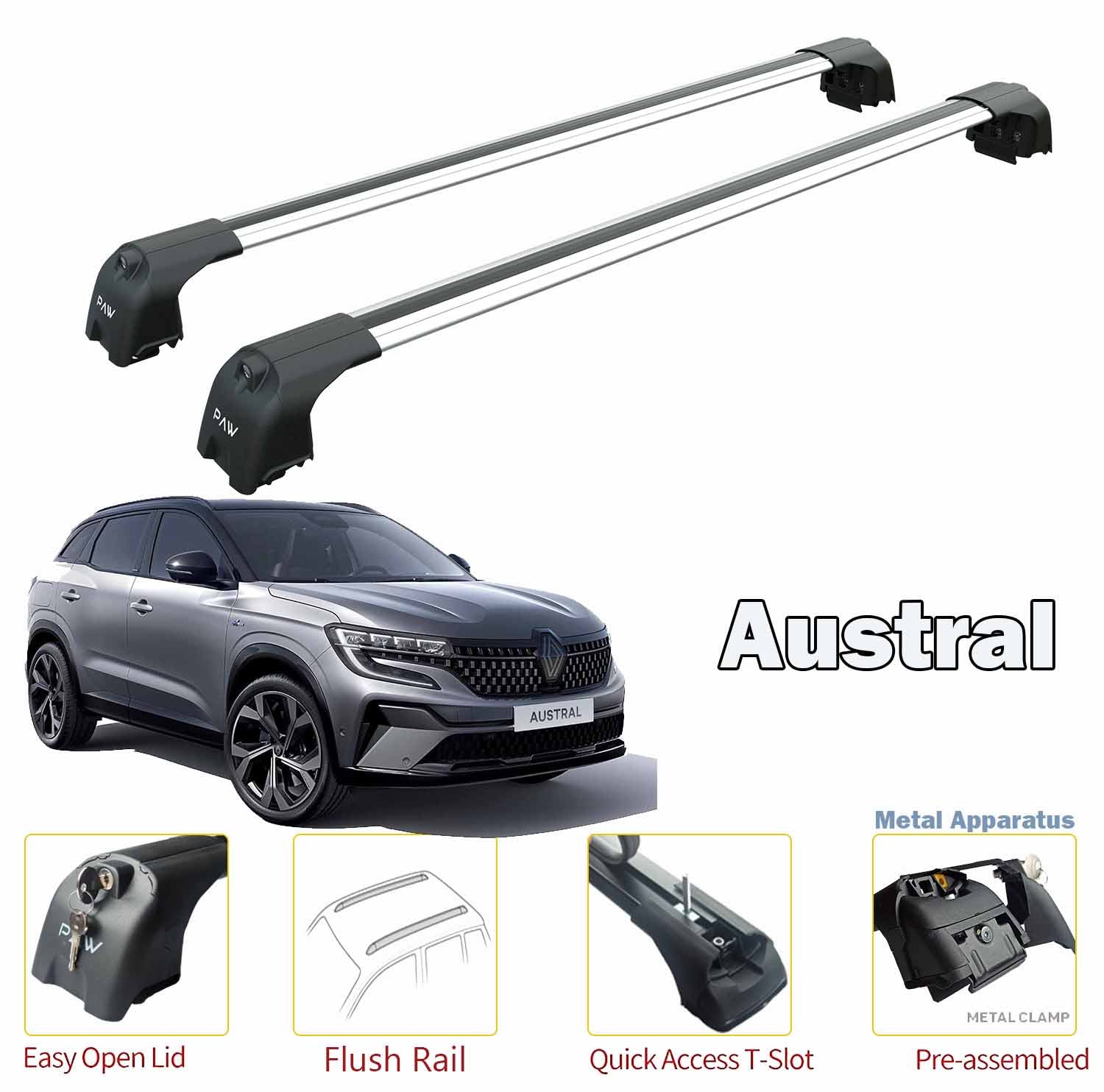 For Renault Austral Roof Rack System Carrier Cross Bars Aluminum Lockable High Quality of Metal Bracket Silver