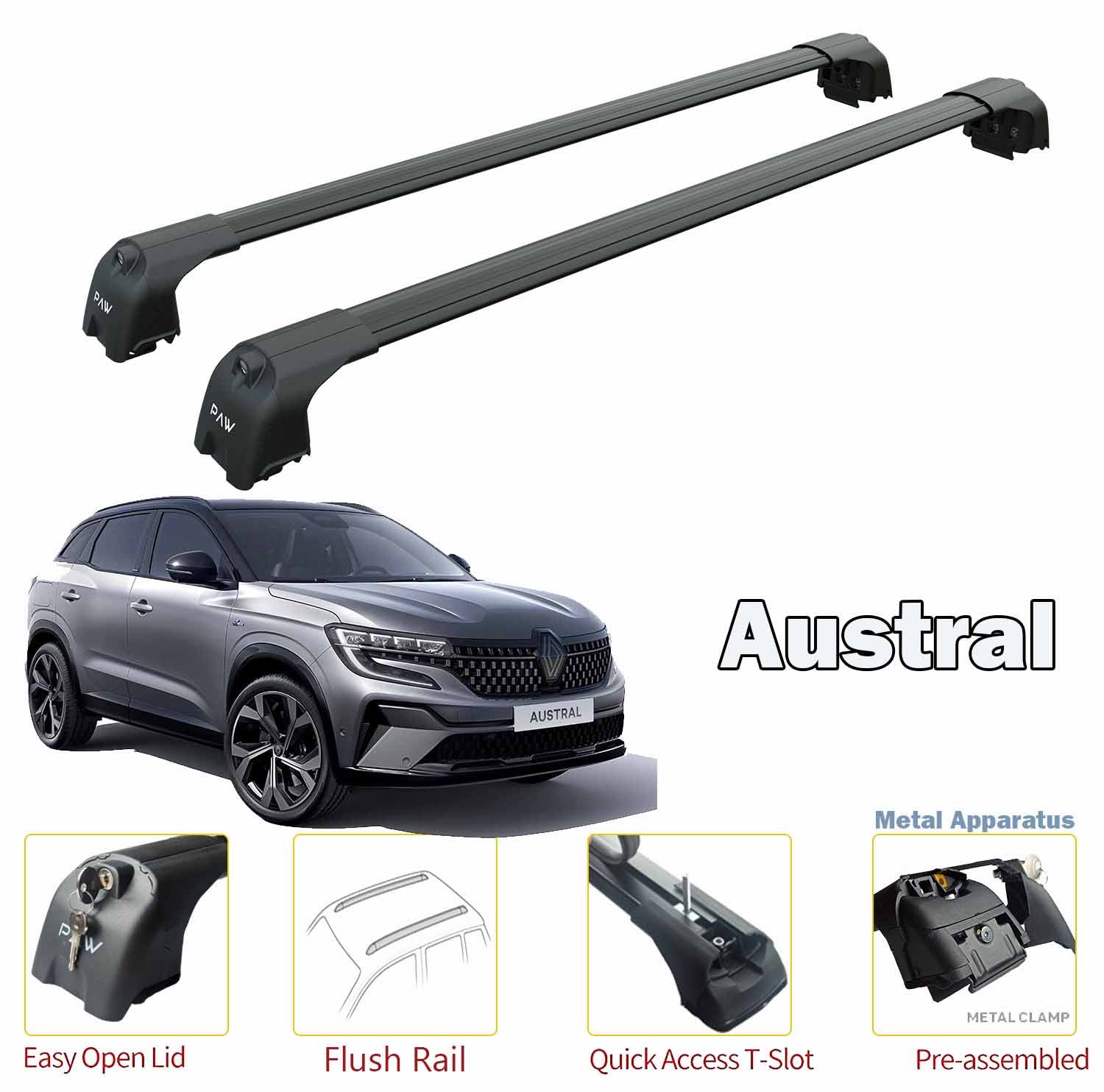 For Renault Austral Roof Rack System Carrier Cross Bars Aluminum Lockable High Quality of Metal Bracket Black