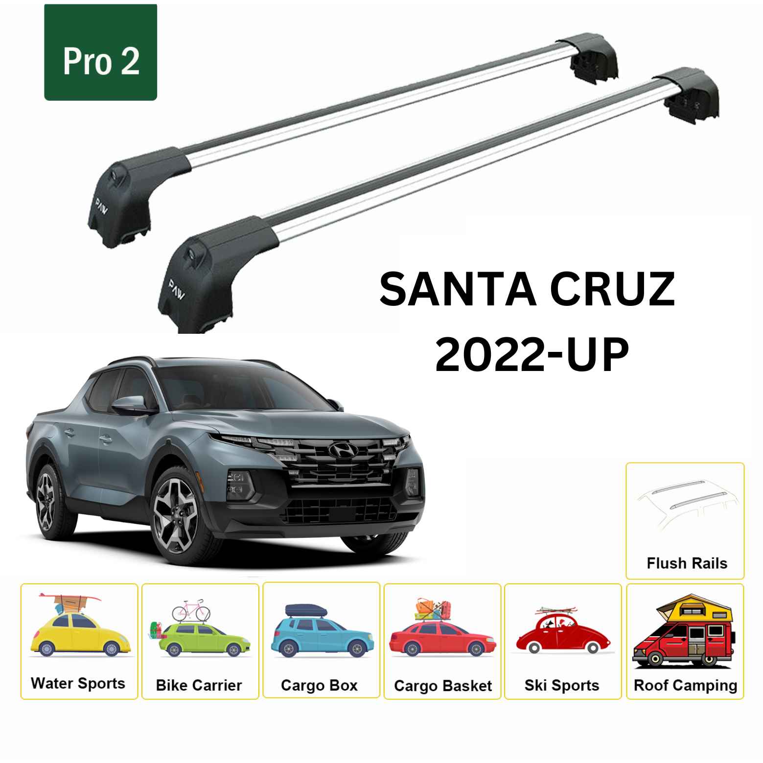Für Hyundai Santa Cruz 2022-Up Dachträgersystem, Aluminium-Querstange, Metallhalterung, abschließbar, Silber