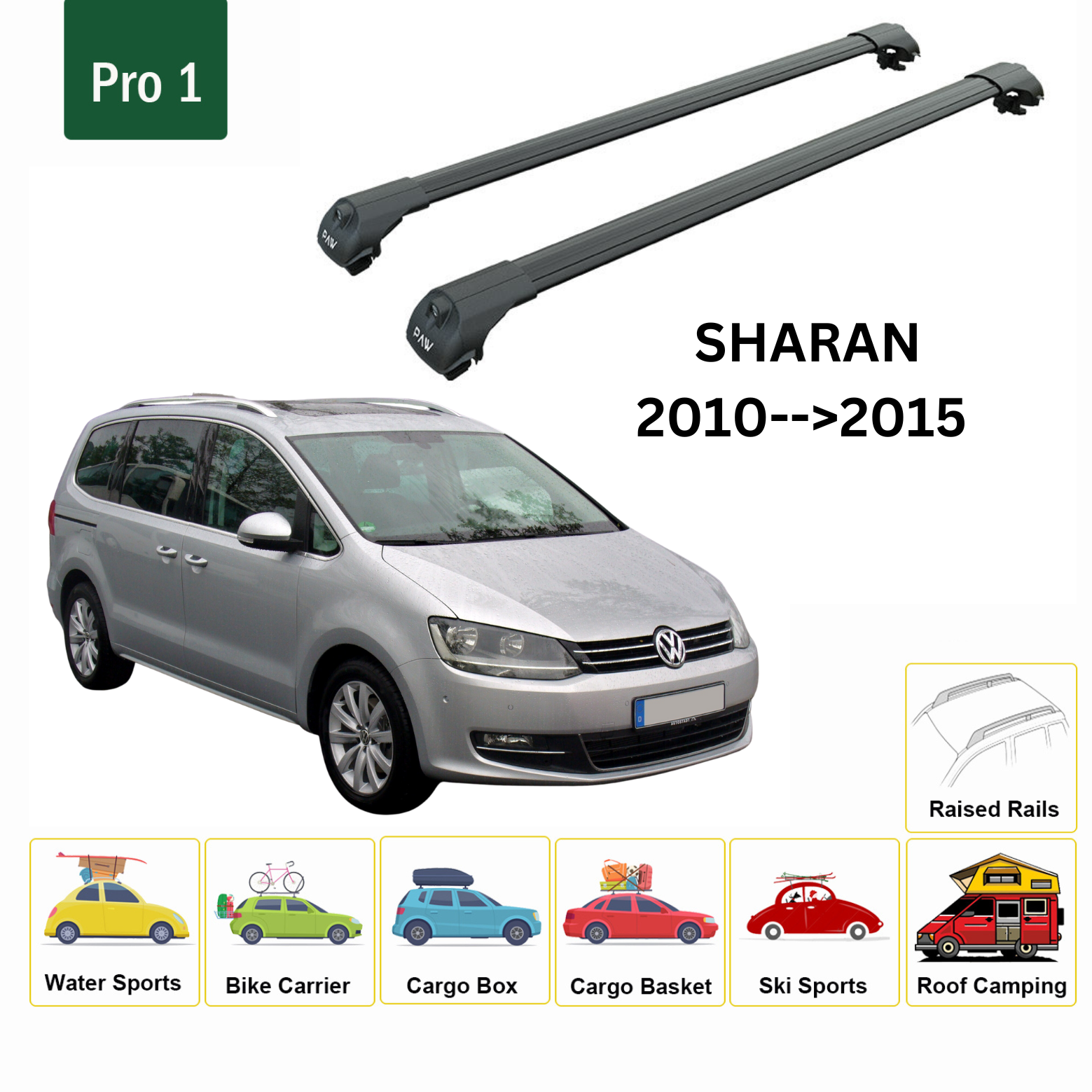 Für Volkswagen Sharan 2010–15 Dachträger, Querträger, Metallhalterung, erhöhte Schiene, Alu, Schwarz