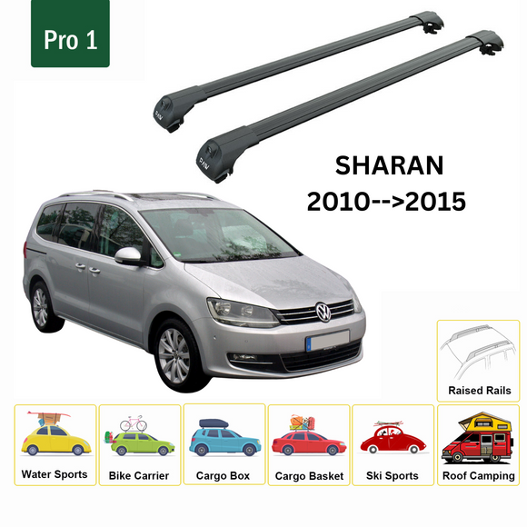 For Volkswagen Sharan 2010-2015 Roof Rack Cross Bar Raised Rail Alu Black