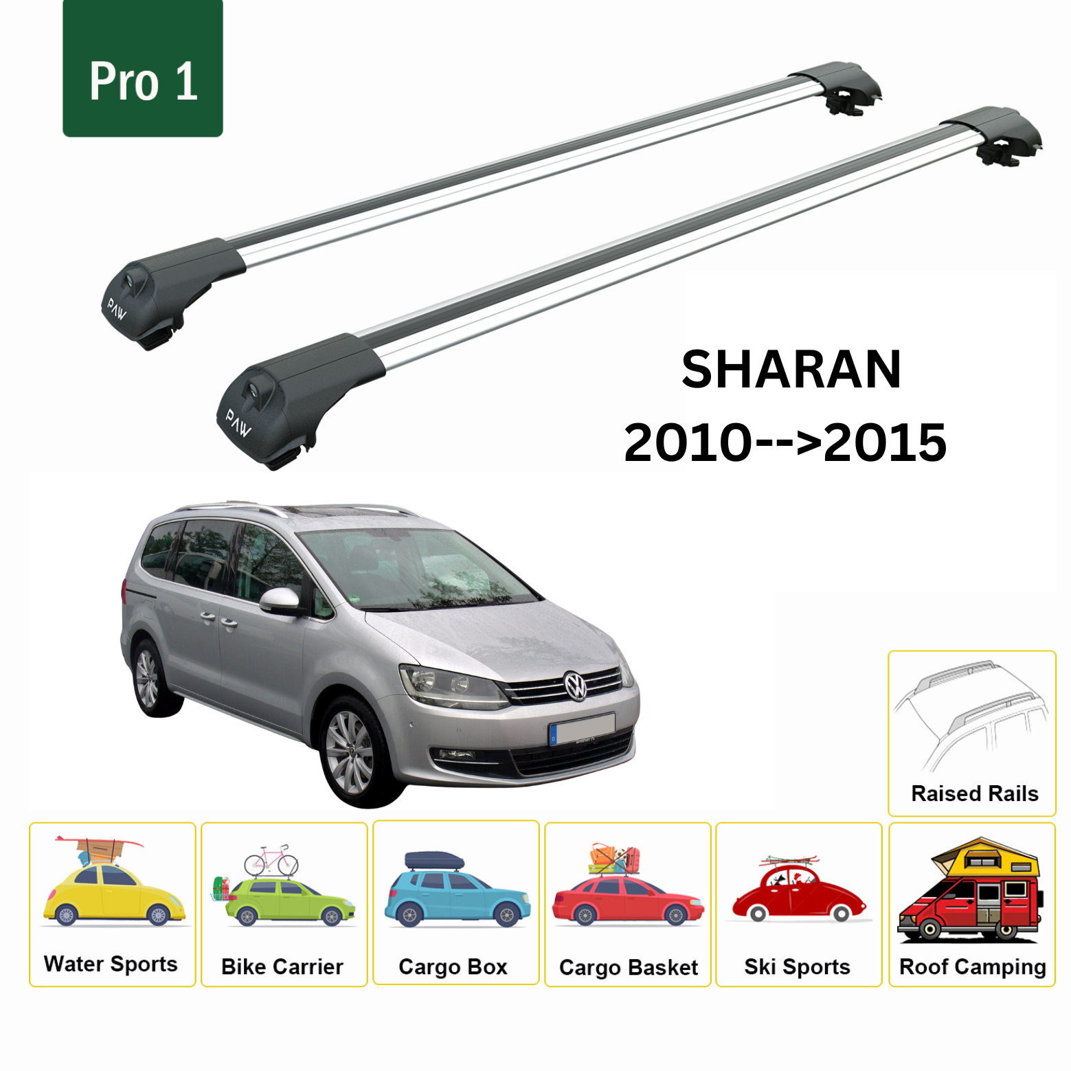 For Volkswagen Sharan 2010-15 Roof Rack Cross Bar Raised Rail Alu Silver