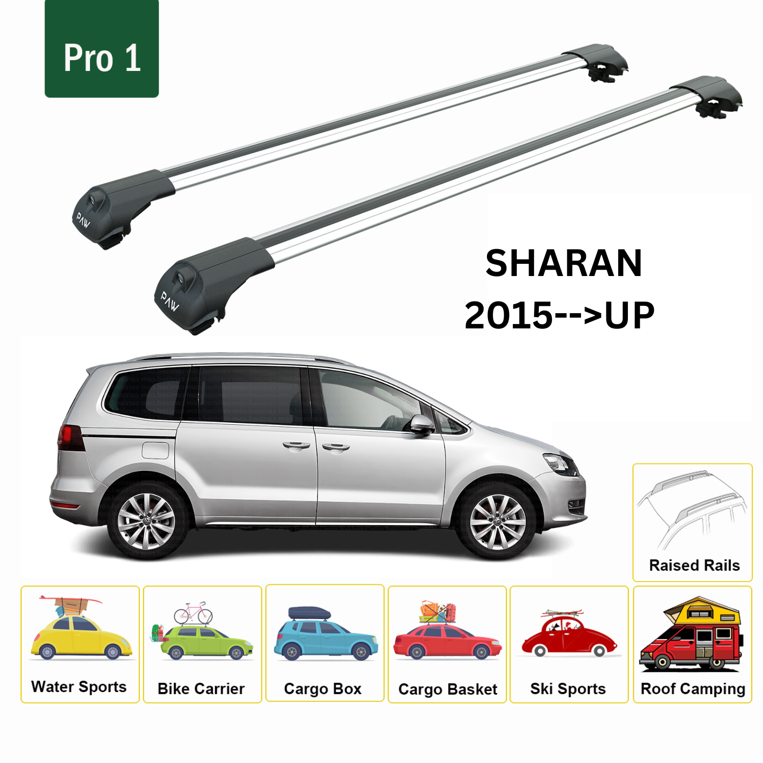 For Volkswagen Sharan 2015-Up Roof Rack Cross Bar Raised Rail Alu Silver - 0