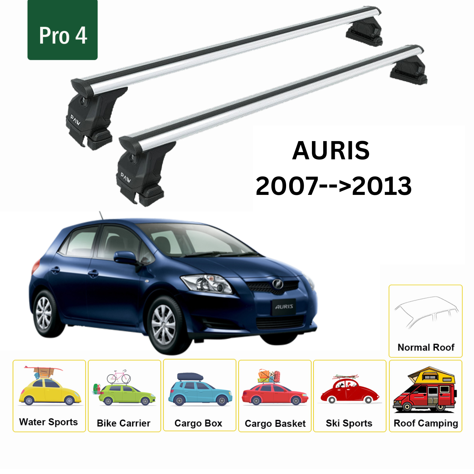 For Toyota Auris 2007-13 Roof Rack Cross Bars Normal Roof Alu Silver