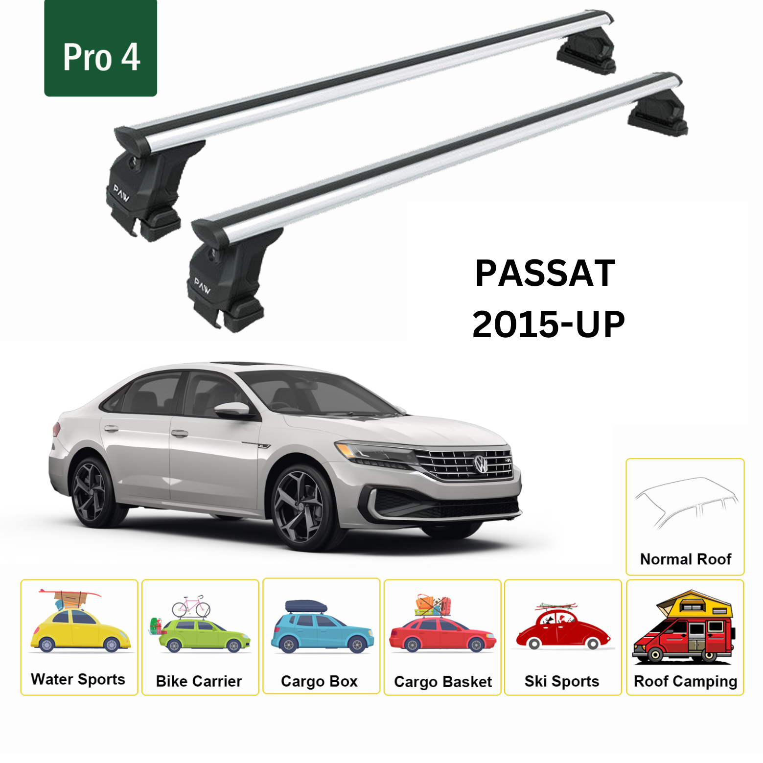 Für Volkswagen Passat B6 2015-Up Dachträger Querstange Metallhalterung Normales Dach Silber - 0