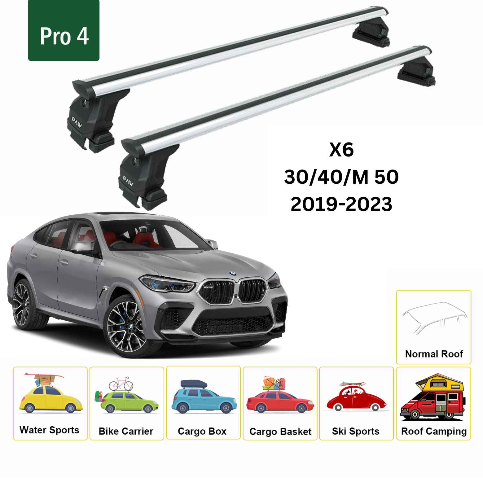 For BMW X6 (G06) 2019-23 Roof Rack Cross Bars Normal Roof Alu Silver - 0