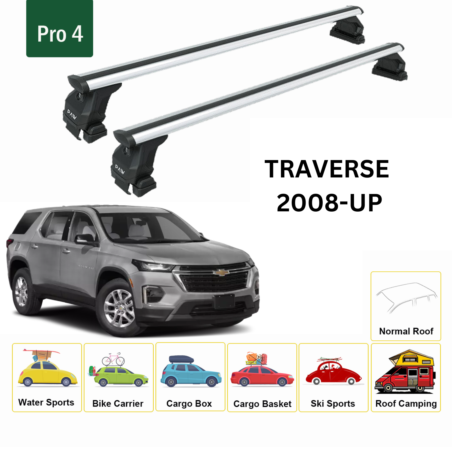 For Chevrolet Traverse 2009-Up Roof Rack Cross Bars Metal Bracket Normal Roof Alu Silver