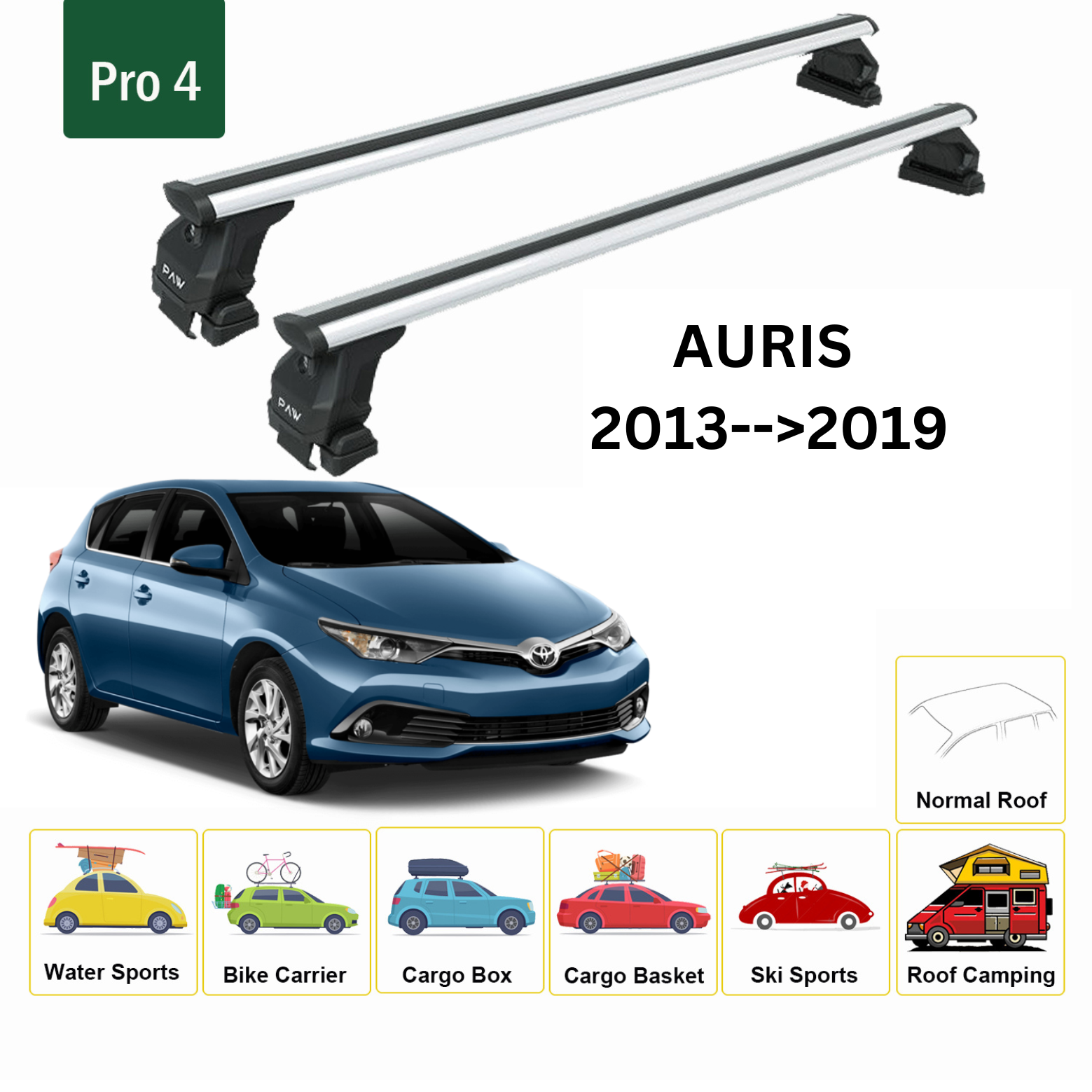 For Toyota Auris 2013-19 Roof Rack Cross Bars Normal Roof Alu Silver