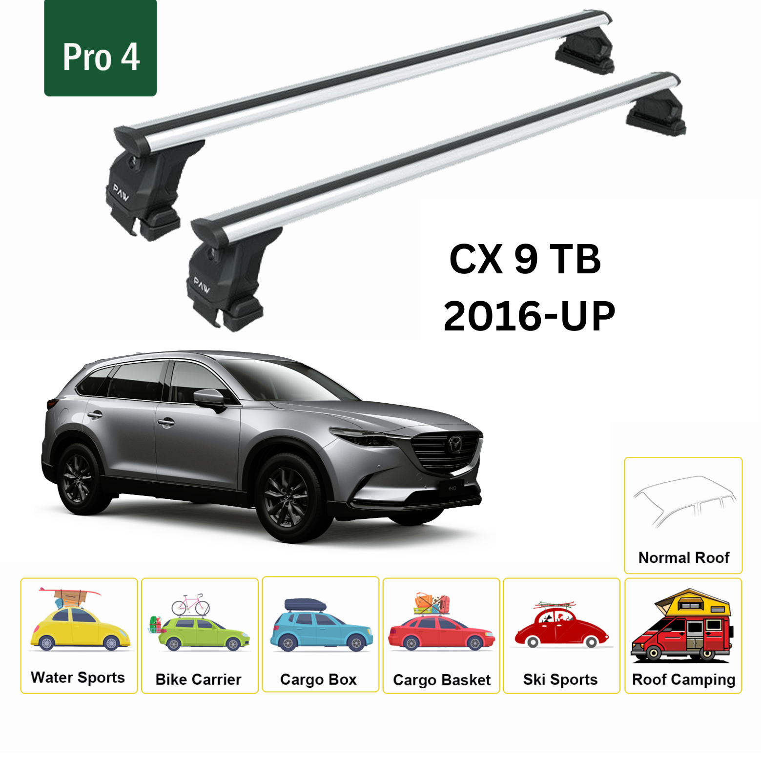 For Mazda CX-9 TC 2016-Up Roof Rack Cross Bars Normal Roof Alu Silver