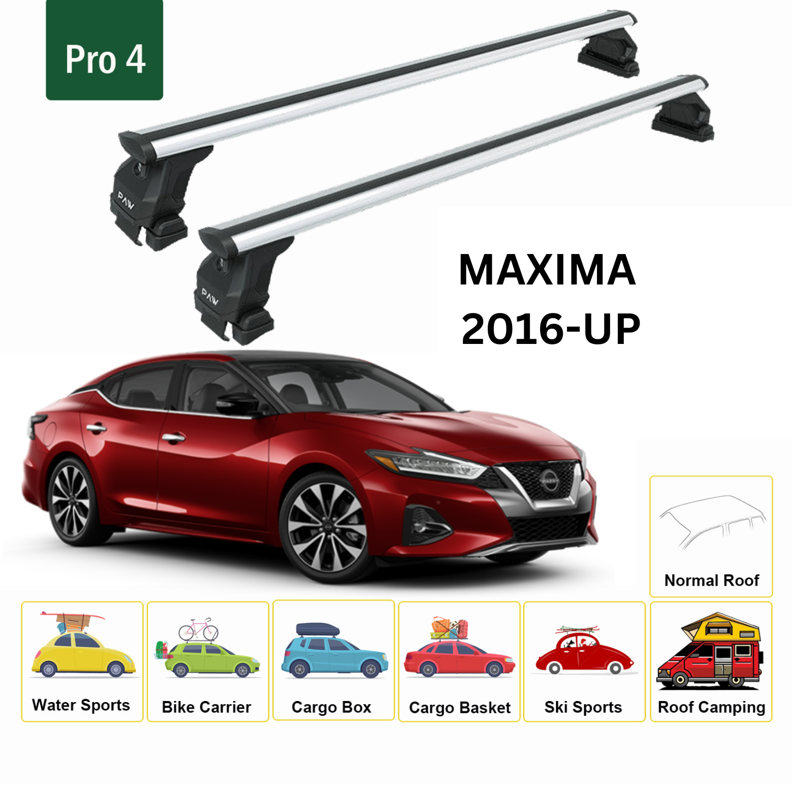 For Nissan Maxima 2016-Up Roof Rack Cross Bars Metal Bracket Normal Roof Alu Silver
