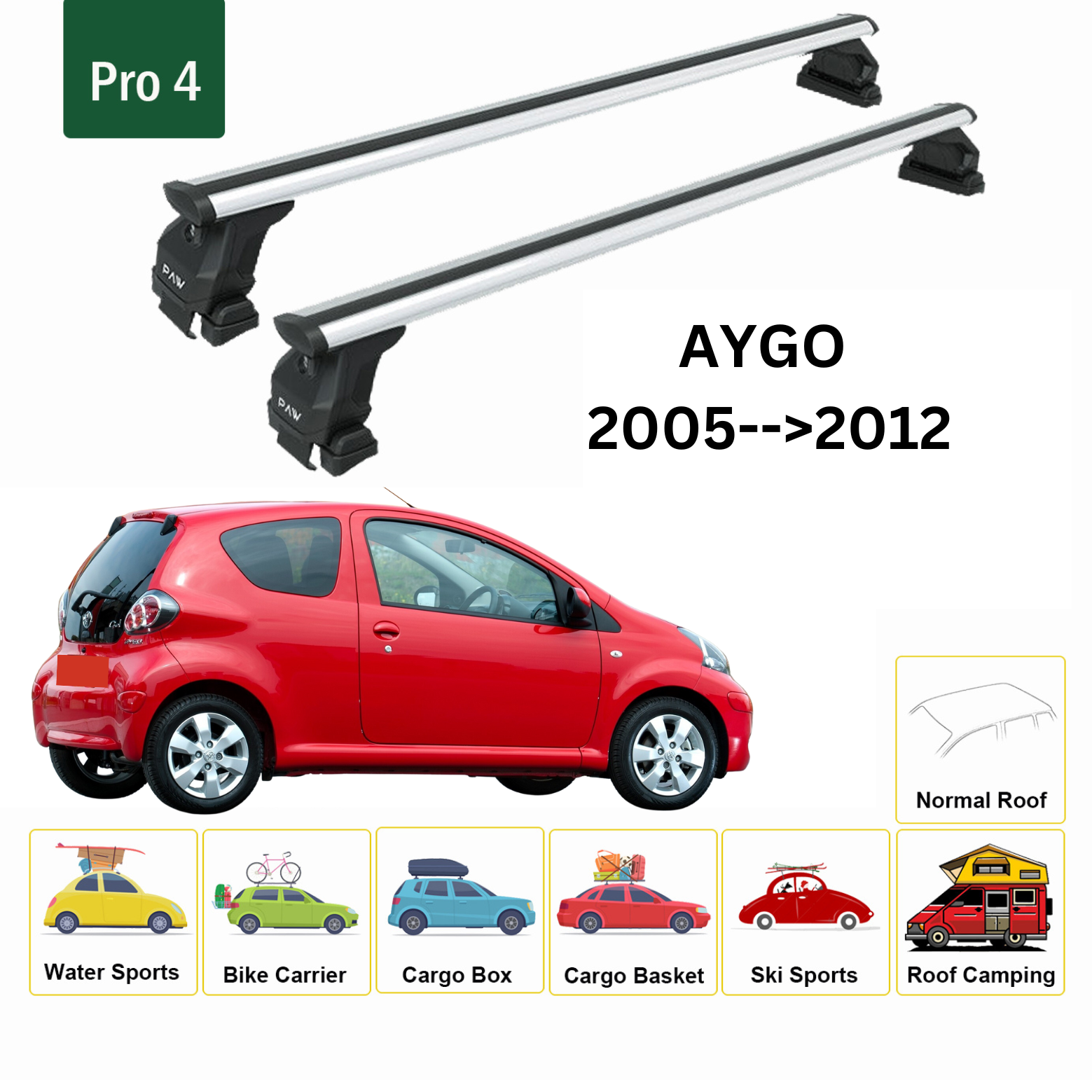 For Toyota Aygo 2005-12 Roof Rack Cross Bars Normal Roof Alu Silver - 0