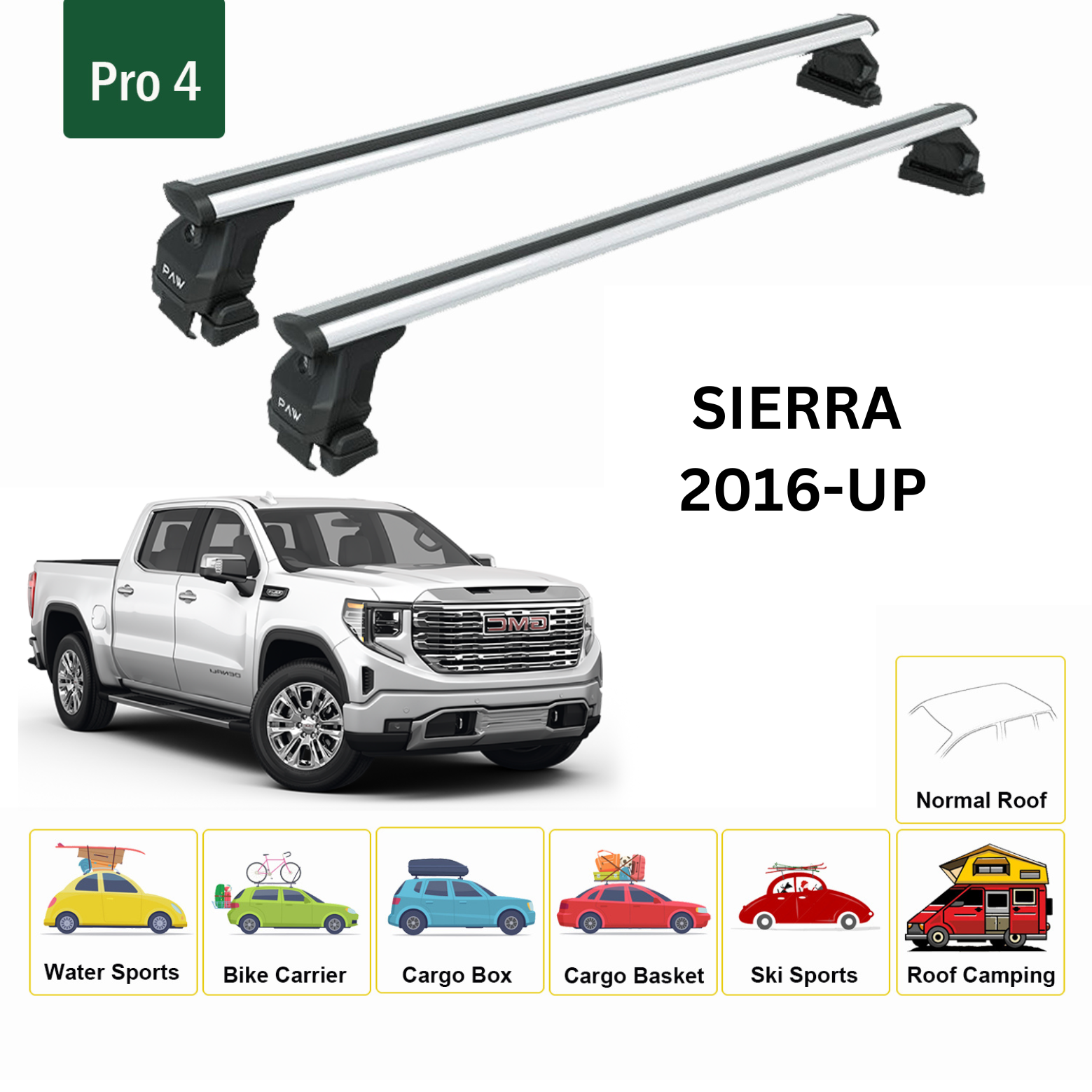 Für GMC Sierra 1500 2014–2018 Dachträgersystem, Aluminium-Querstange, Metallhalterung, abschließbar, Silber 