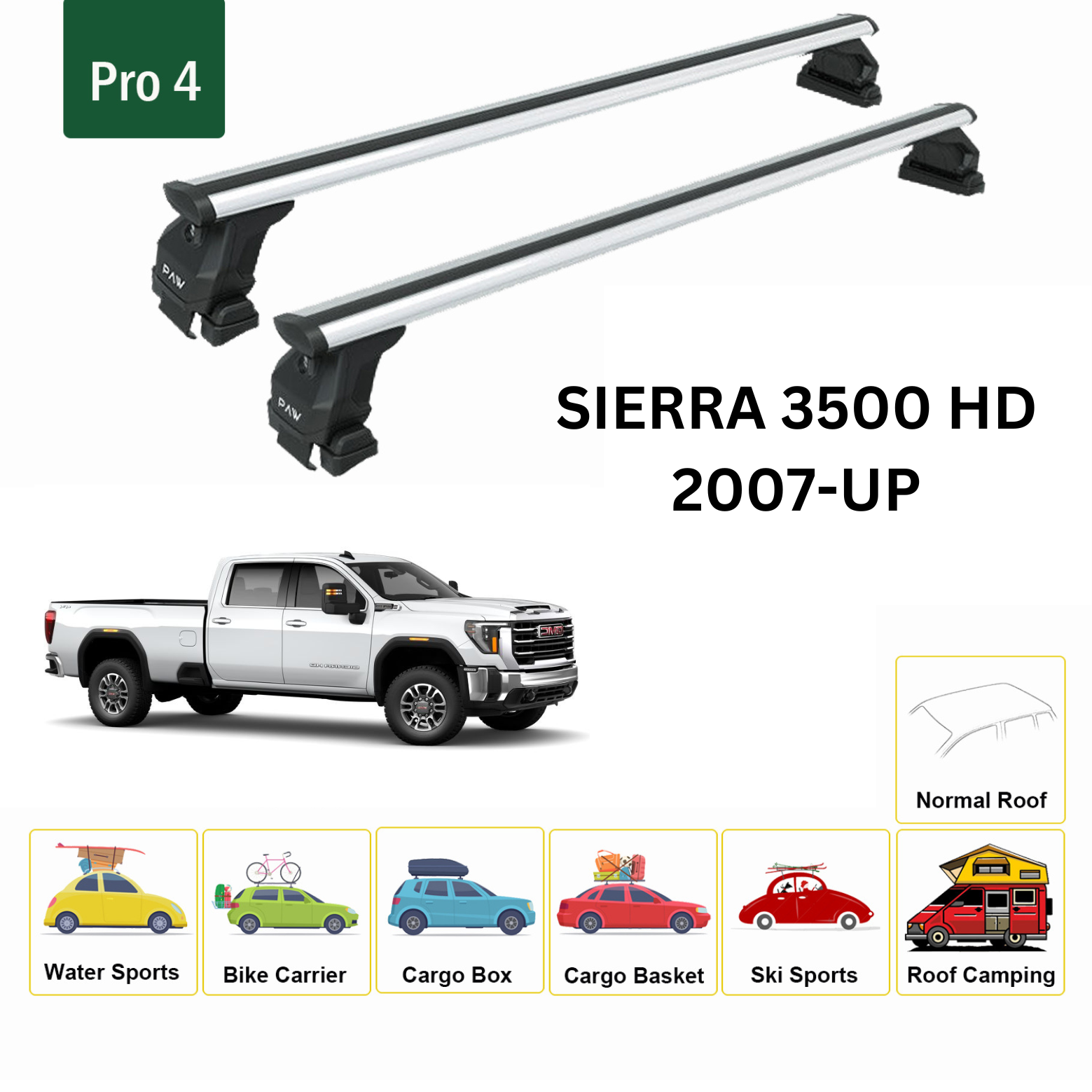 For GMC Sierra 3500 2007-Up Roof Rack Cross Bars Metal Bracket Normal Roof Alu Silver - 0