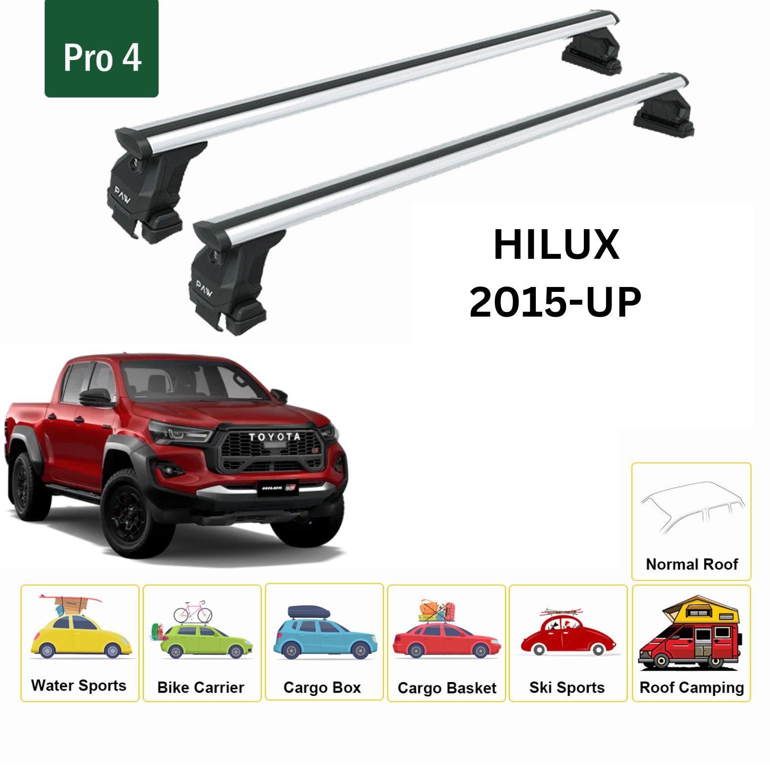 For Toyota Hilux Roof Rack Cross Bars Metal Bracket Normal Roof Alu Silver 2015-2020