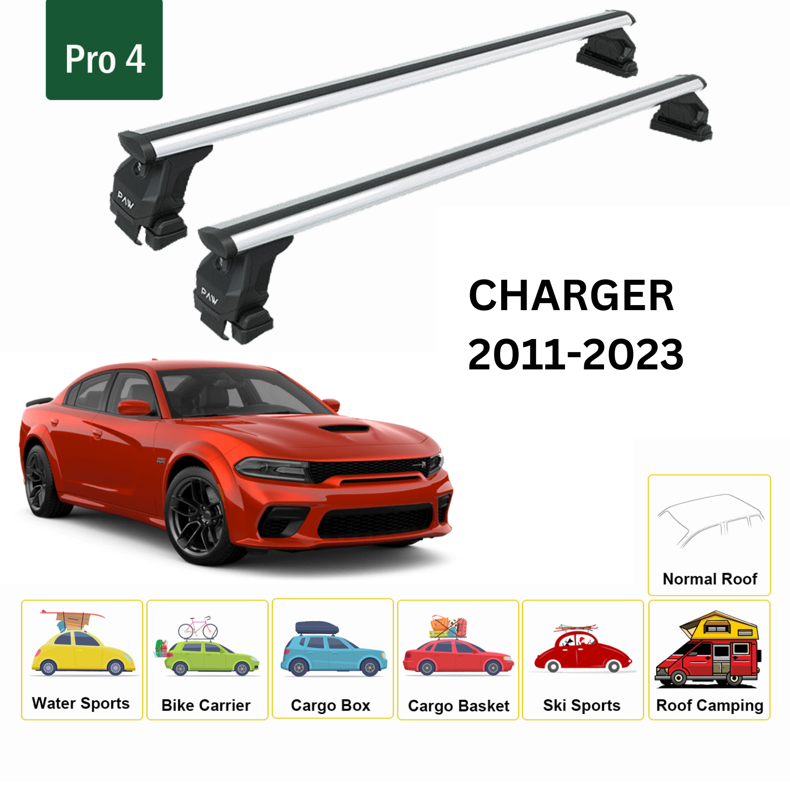 For Dodge Charger 2011-2023 Roof Rack Cross Bars Metal Bracket Normal Roof Alu Silver - 0