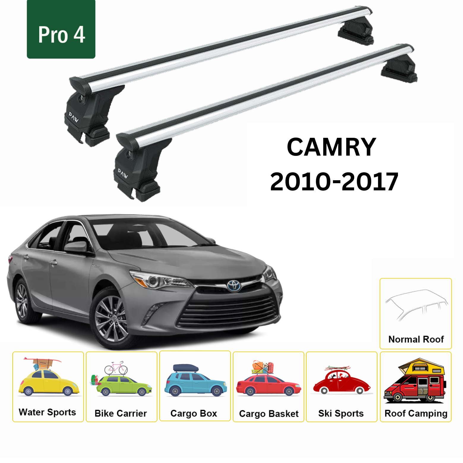 Für Toyota Camry 2010–17 Dachträger, Querträger, Metallhalterung, normales Dach, Alu, Silber - 0
