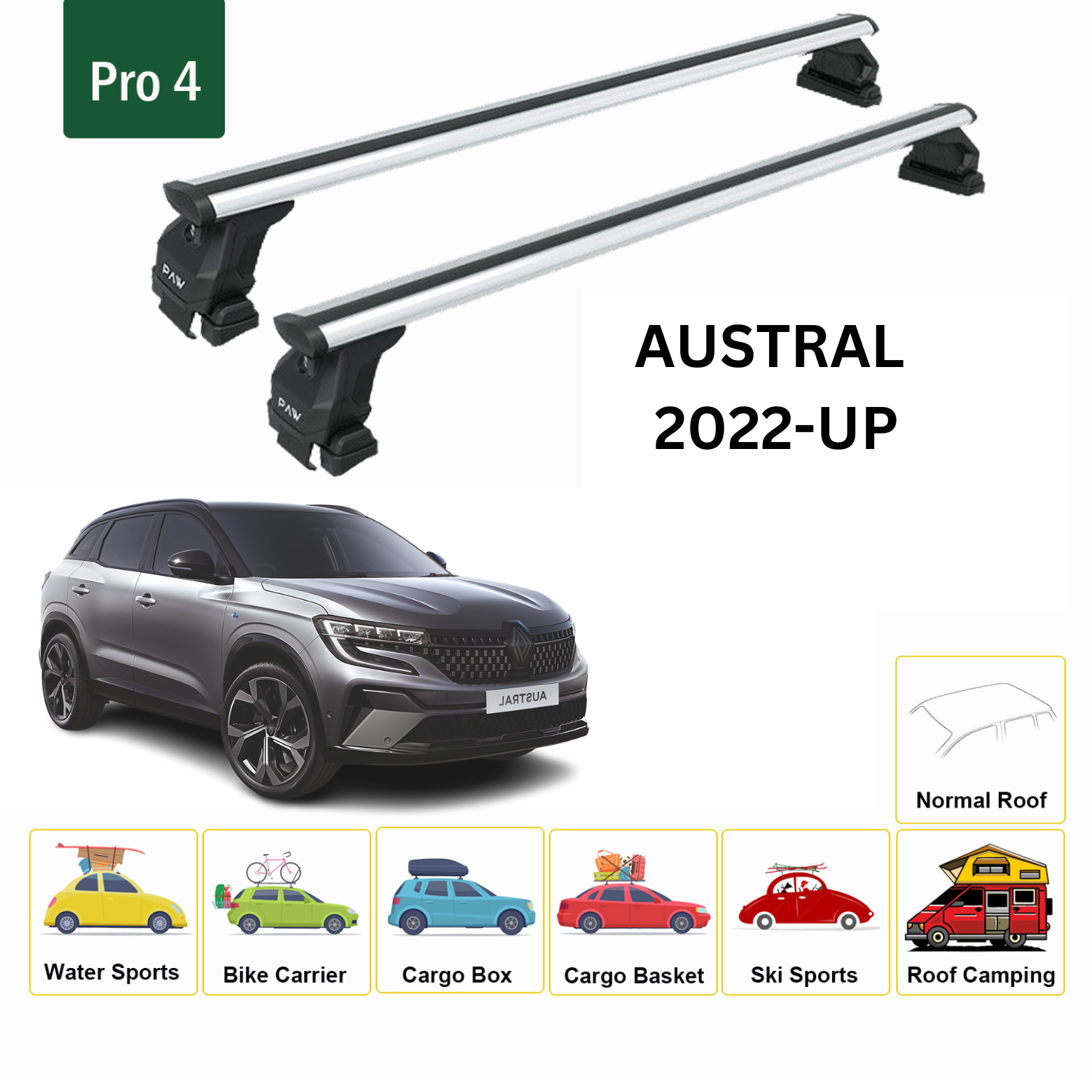 For Renault Austral 2022-Up Roof Rack System, Aluminium Cross Bar, Metal Bracket, Normal Roof, Silver - 0