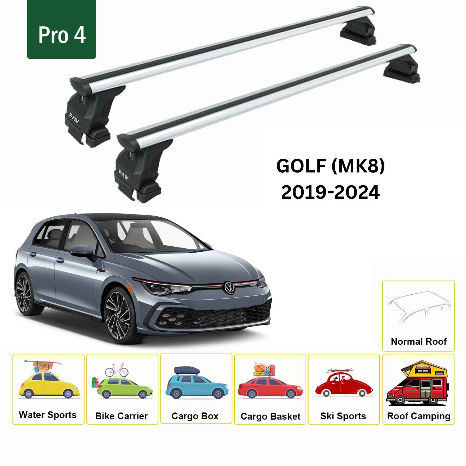 For Volkswagen Golf 5D (MK8) 2019-24 Roof Rack Cross Bar Normal Roof Alu Silver - 0