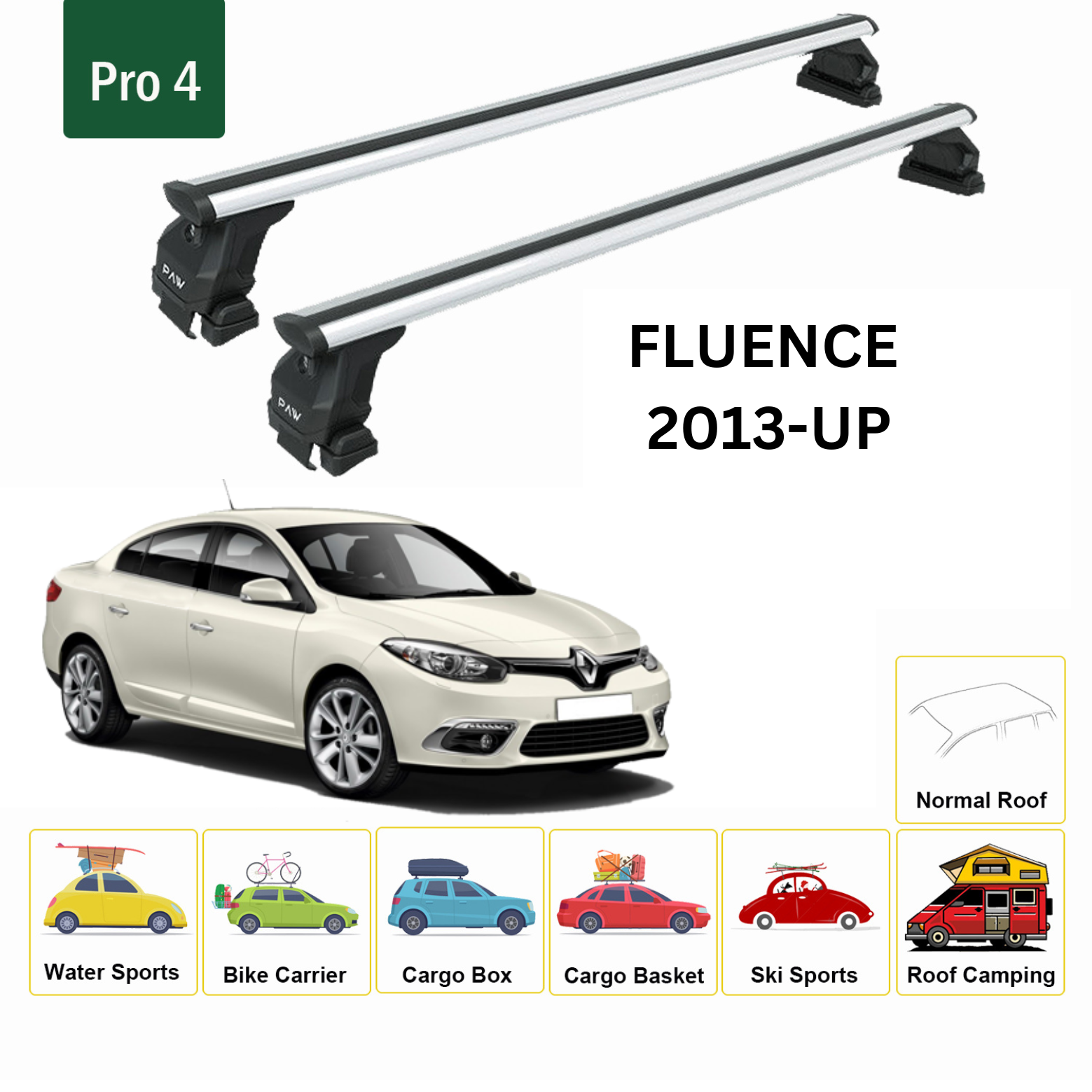 For Renault Fluence 2013-Up Roof Rack System, Aluminium Cross Bar, Metal Bracket, Normal Roof, Silver