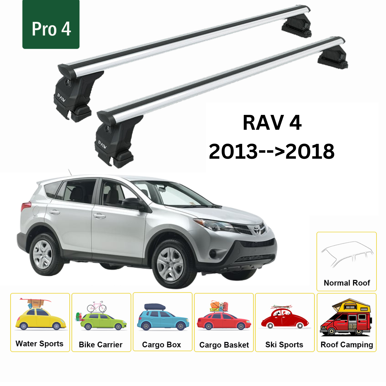 Für Toyota Rav 4 2013–18 Dachträger, Querträger, Metallhalterung, normales Dach, Alu, Silber - 0