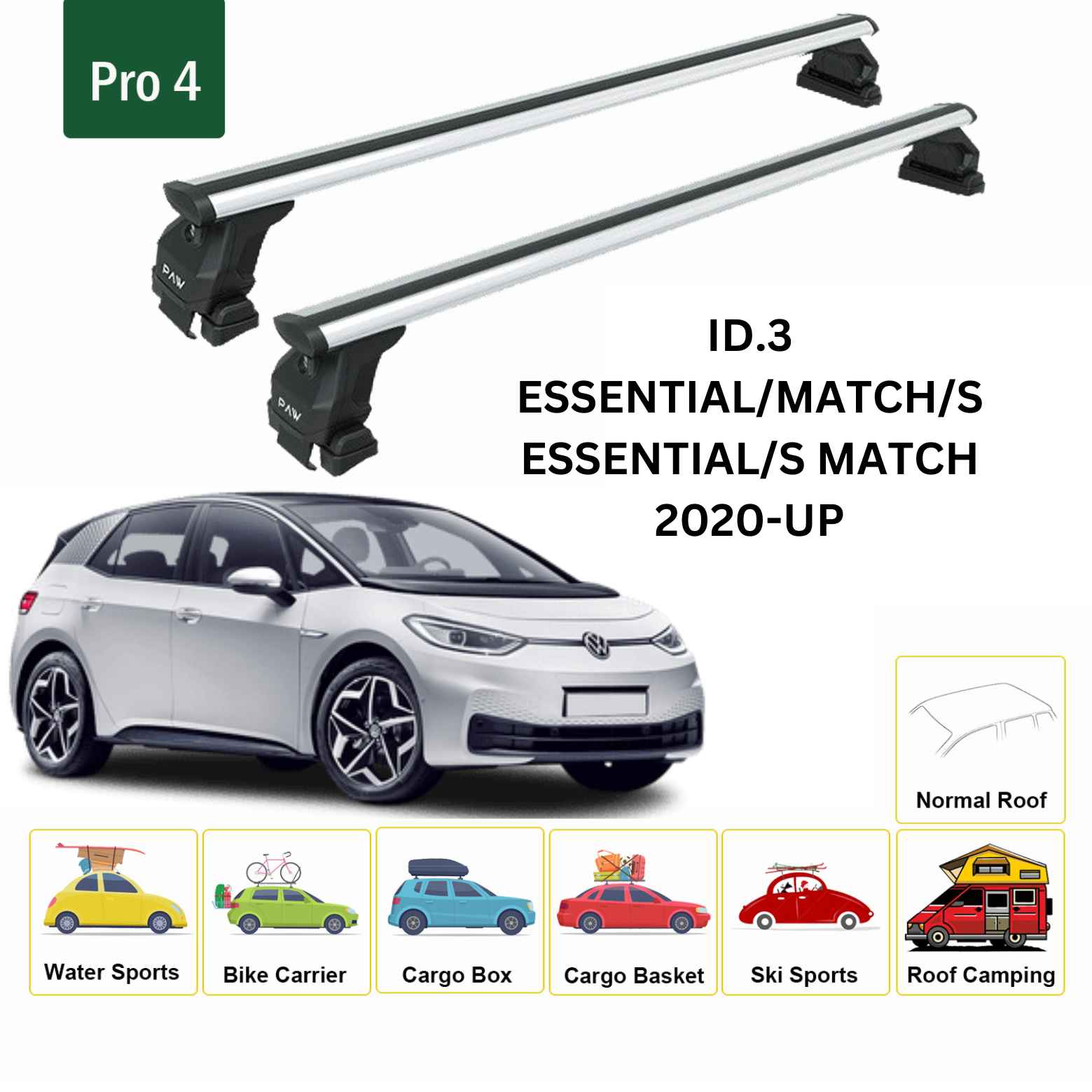 For Volkswagen ID.3 2020-Up Roof Rack Cross Bar Normal Roof Alu Silver
