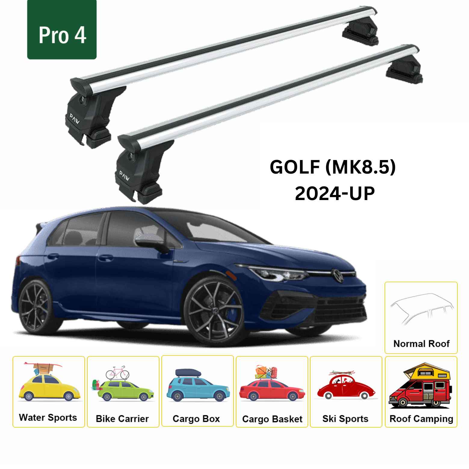 For Volkswagen Golf 5D (MK8.5) 2019-24 Roof Rack Cross Bar Normal Roof Alu Silver