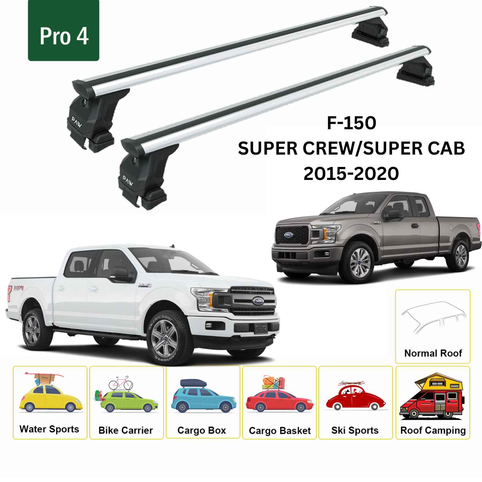 For Ford F150 (Gen 13) 2015-20 Roof Rack Cross Bars Normal Roof Alu Silver
