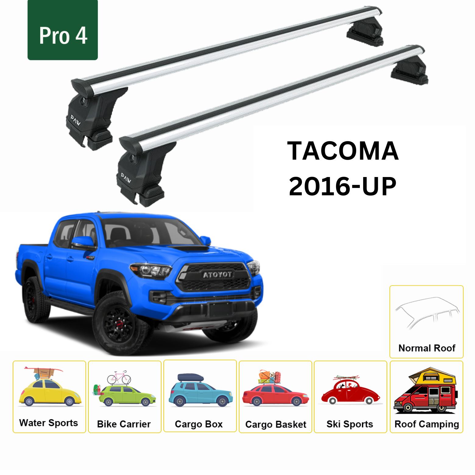 Für Toyota Tacoma 2016-Up Dachträger Querträger Metallhalterung Normales Dach Alu Silber - 0