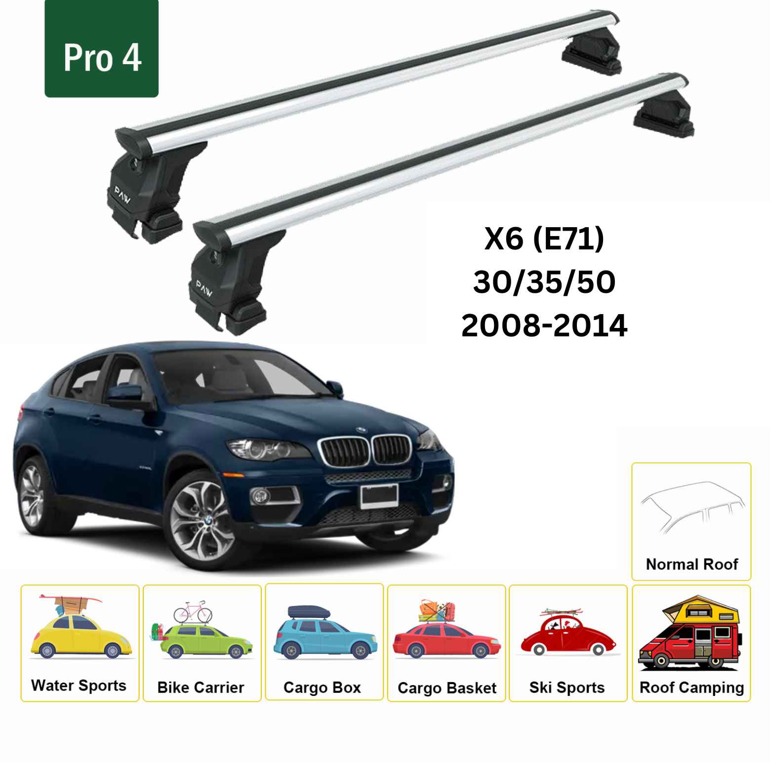 For BMW X6 (E71) 2008-14 Roof Rack Cross Bars Normal Roof Alu Silver