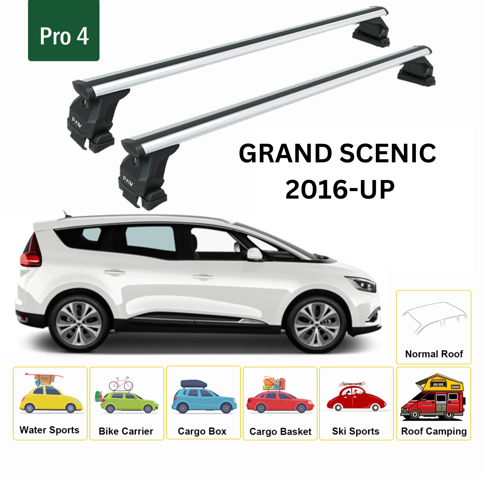 For Renault Grand Scenic 2016-Up Roof Rack System, Aluminium Cross Bar, Metal Bracket, Normal Roof, Silver - 0