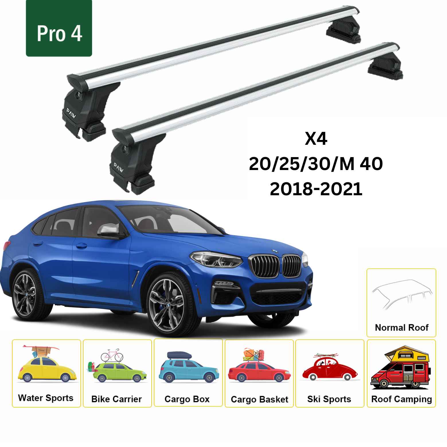 For BMW X4 2018-21 Roof Rack Cross Bars Normal Roof Alu Silver