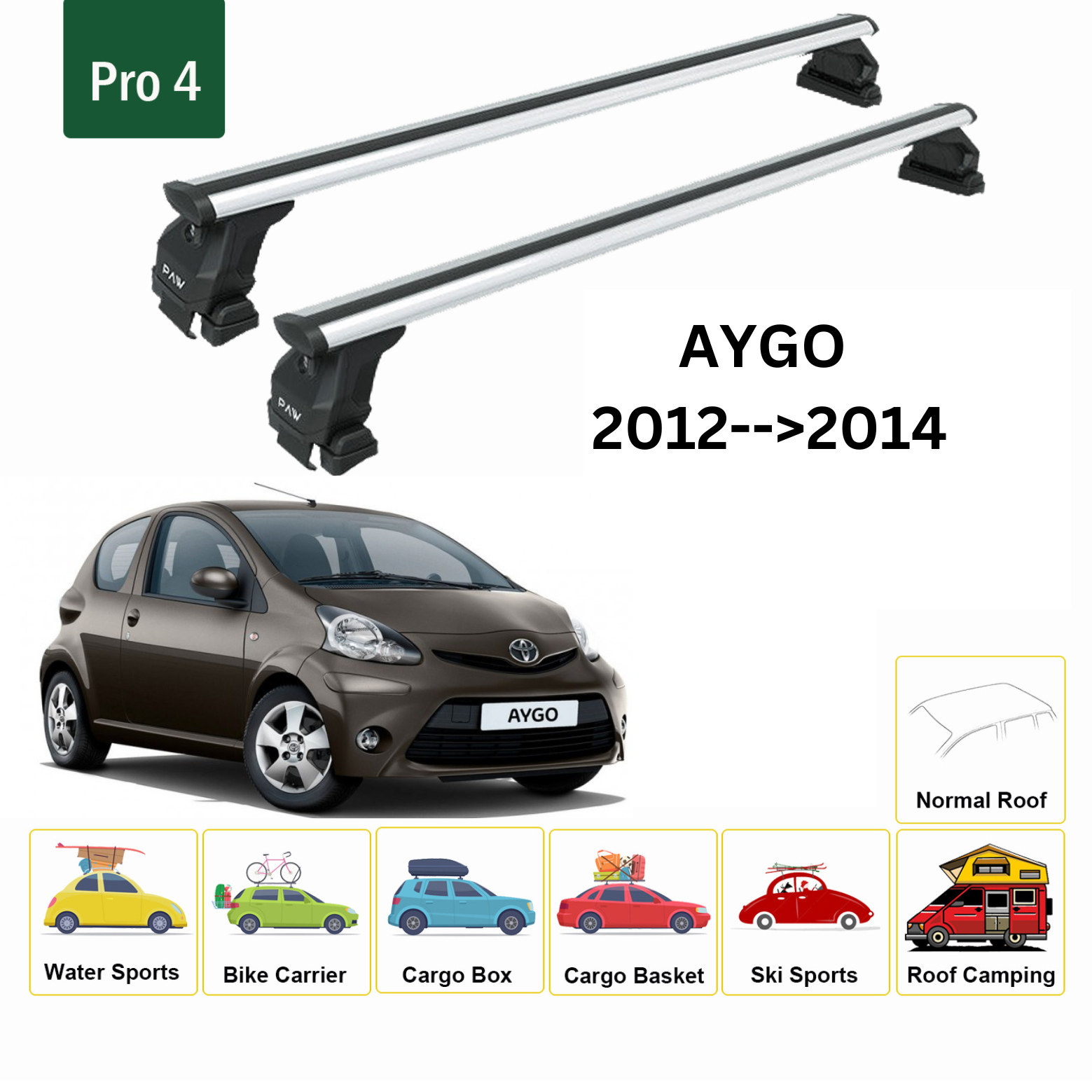 Für Toyota Aygo 2012–14 Dachträger Querträger Metallhalterung Normales Dach Alu Silber