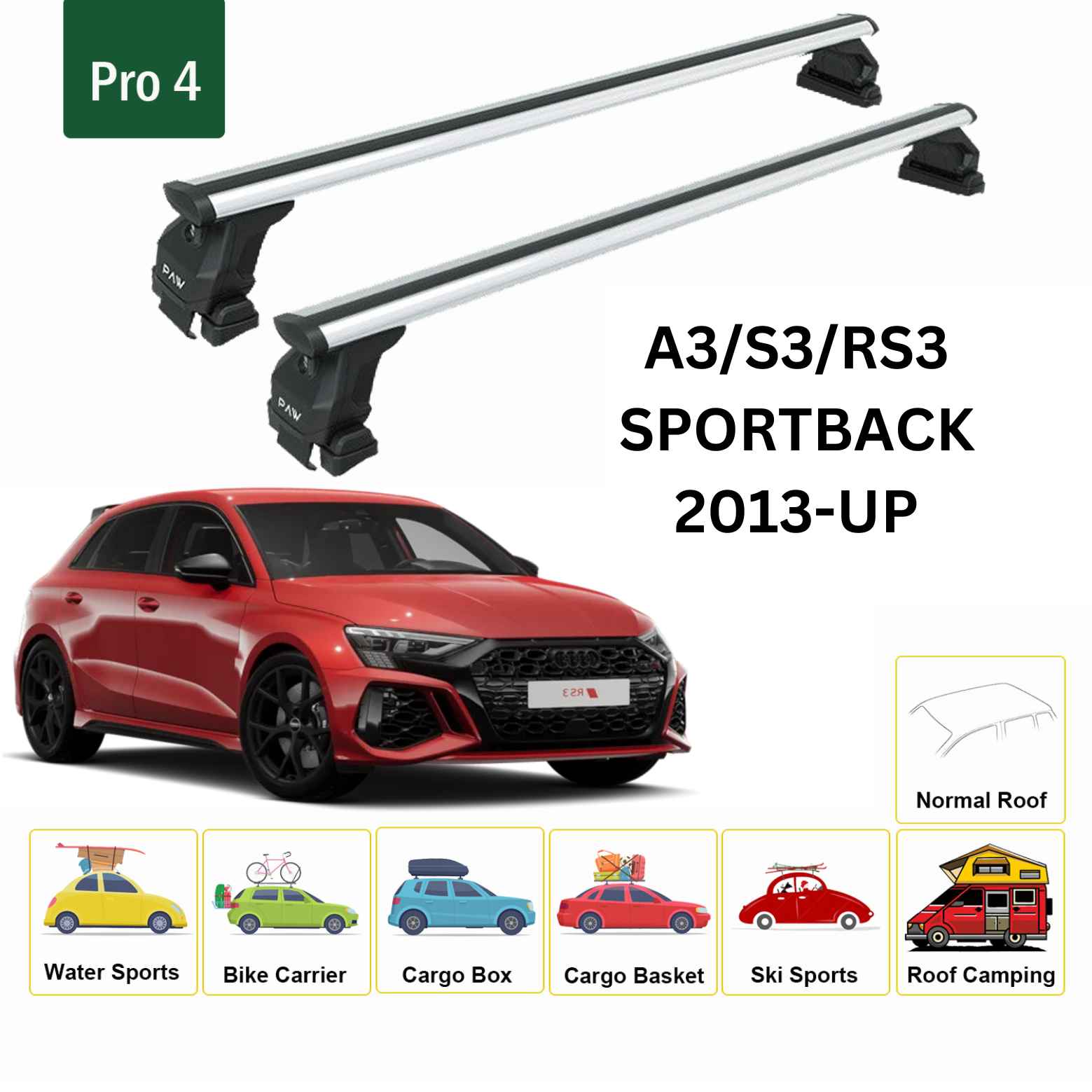 For Audi A3/S3/RS3 Sportback 2013-Up Roof Rack Cross Bars Normal Roof Alu Silver - 0