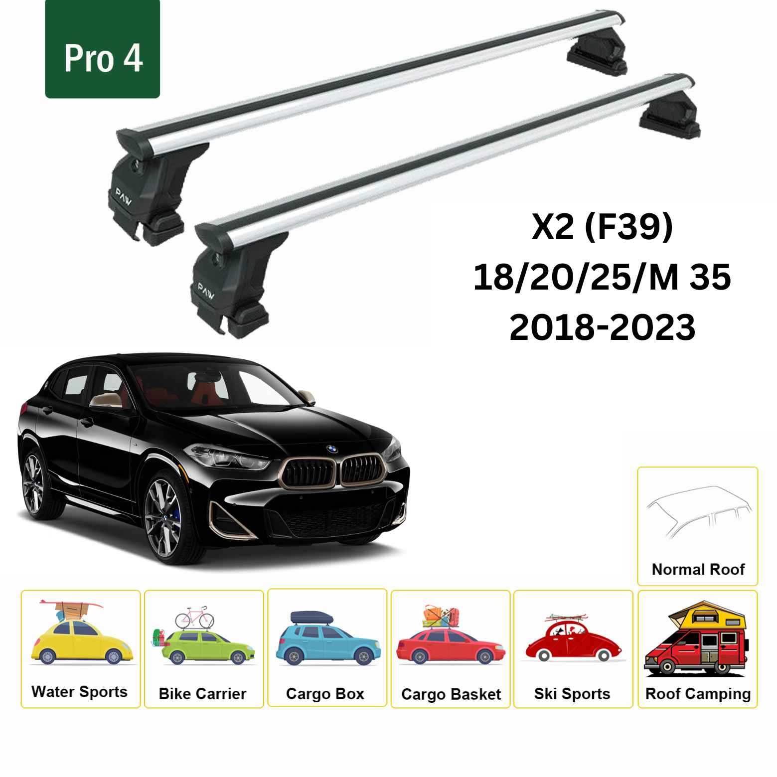 For BMW X2 (F39) 2018-23 Roof Back Cross Bars Normal Roof Alu Silver - 0