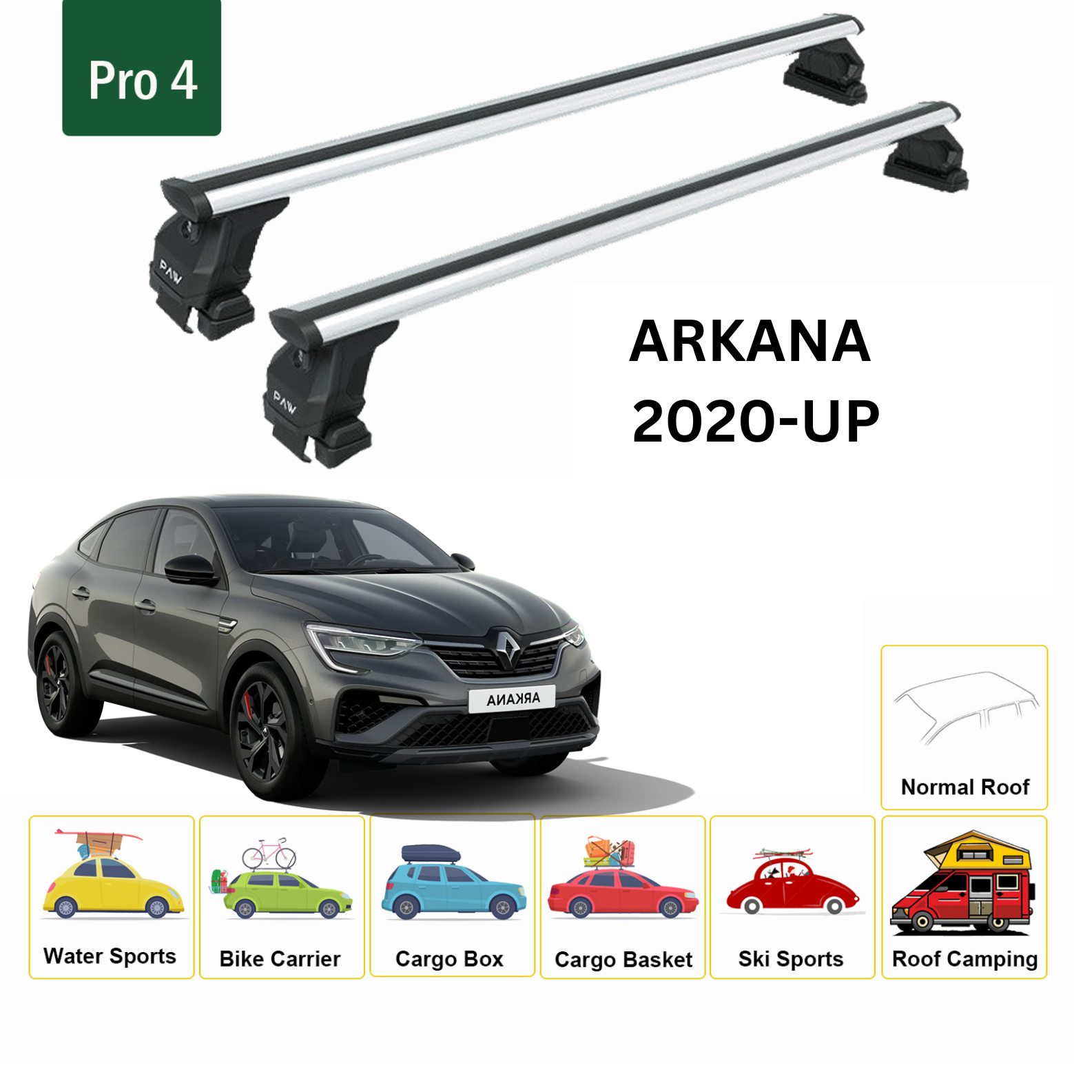 For Renault Arkana 2020-Up Roof Rack System, Aluminium Cross Bar, Metal Bracket, Normal Roof, Silver - 0