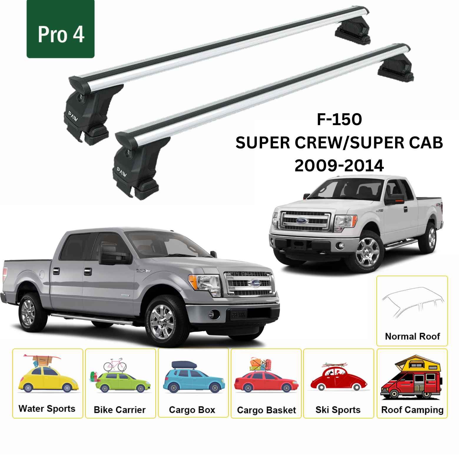 For Ford F150 (Gen 12) 2009-14 Roof Rack Cross Bars Normal Roof Alu Silver