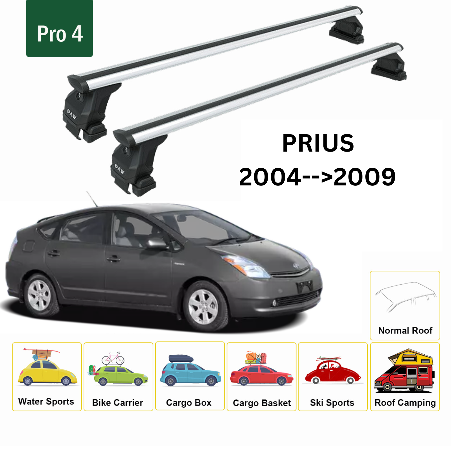 For Toyota Prius 2004-09 Roof Rack Cross Bars Metal Bracket Normal Roof Alu Silver