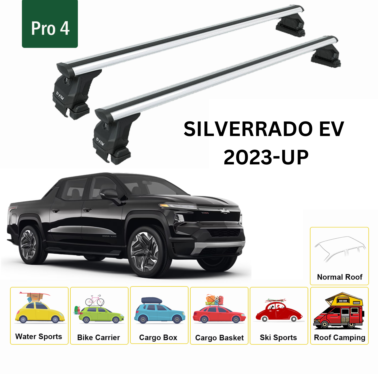 For Chevrolet Silverado EV 2023-Up Roof Rack Cross Bars Metal Bracket Normal Roof Alu Silver